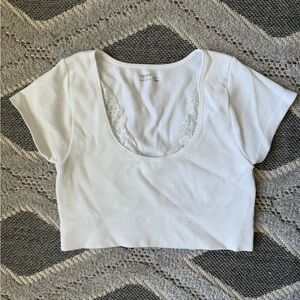 Aerie White Ribbed Lace Trim Top
